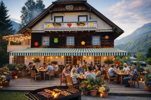 a group of people sitting at tables in front of a building at Rösslgut Bed & Breakfast in Zederhaus
