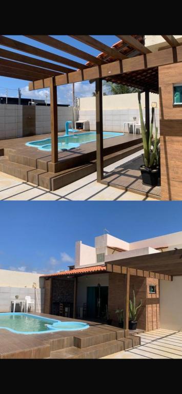 two pictures of a house with a swimming pool at Casa de Praia do Abais in Estância