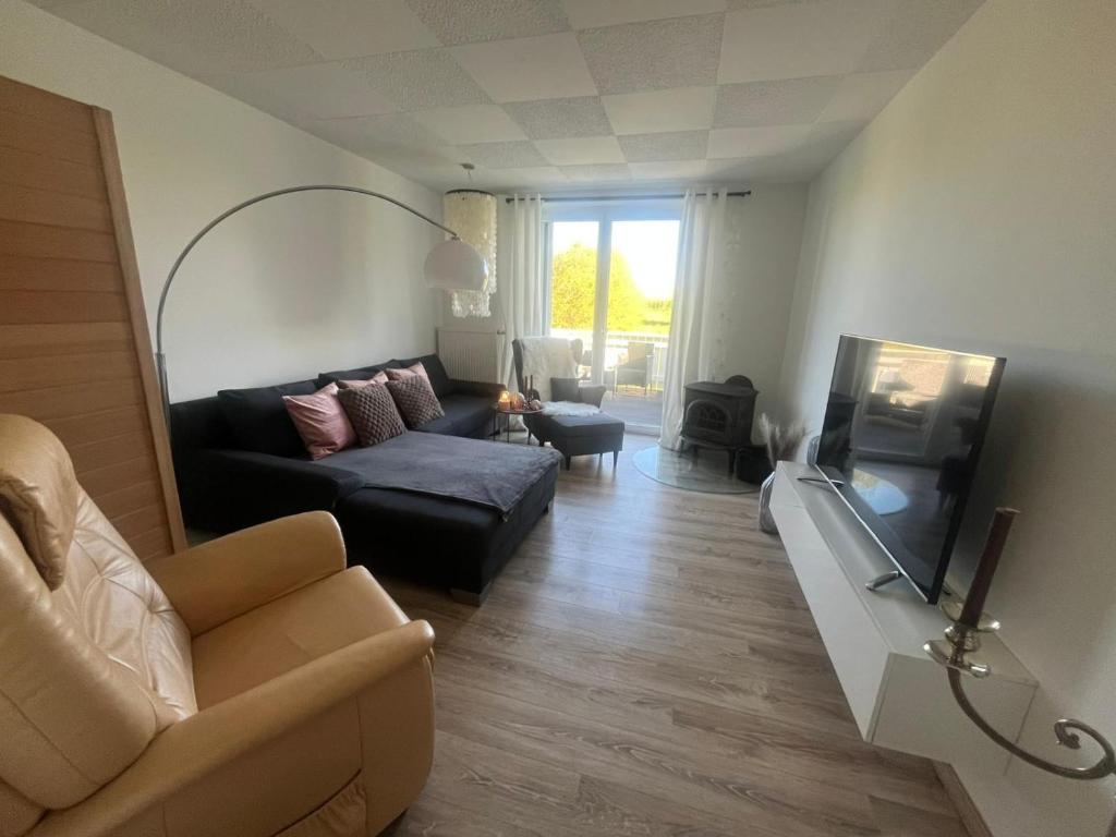 a living room with a couch and a flat screen tv at Hochsitz Appartement in Seelitz