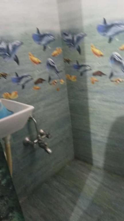a bathroom with a flock of birds on the wall at OM Homestay in Dwarka