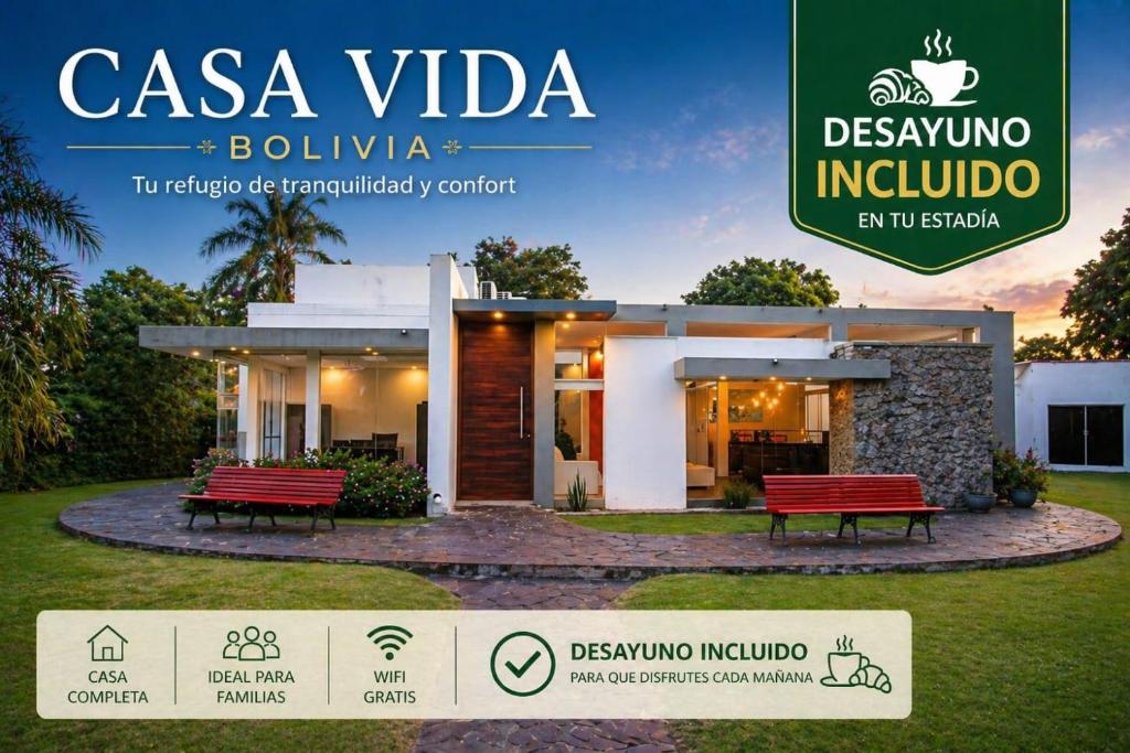 a house with two red benches in front of it at Casa Vida - Arte, Naturaleza y Confort in Santa Cruz de la Sierra