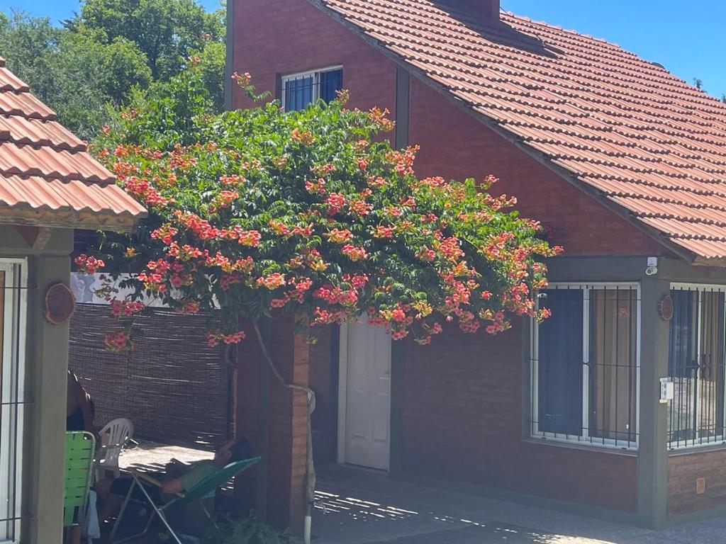 a tree with flowers on the side of a house at Cabañas Del Sol in Trapiche