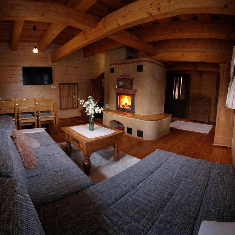 a living room with a couch and a fireplace at Zrub u Zuzany in Lazy pod Makytou