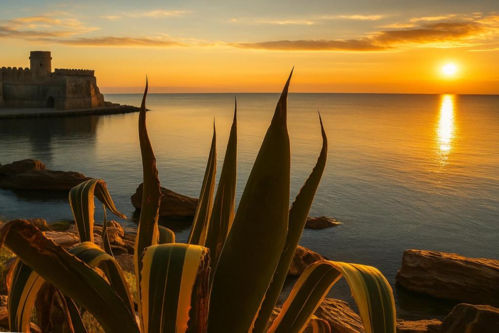 a plant in front of the ocean with a sunset at Appartamenti ABR Corso in Le Castella