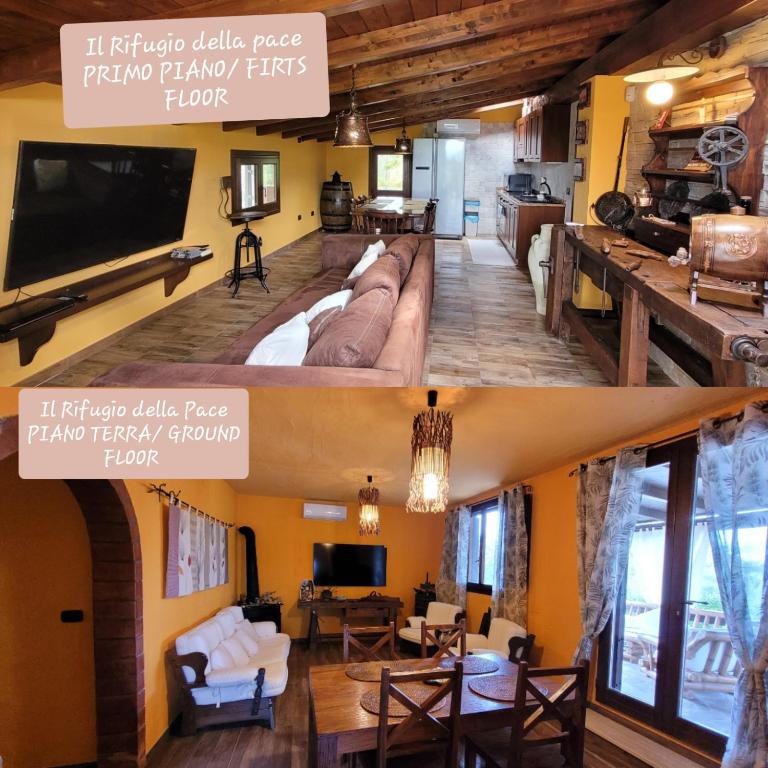 a living room with a large couch and a tv at Rifugio della Pace Piano terra e Primo Piano in Sant' Isidoro