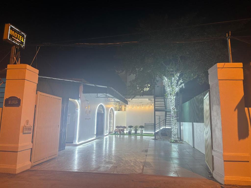 a night view of a building with a tree in the distance at Bong Mai Thai Hoa Hotel in Làng Dương