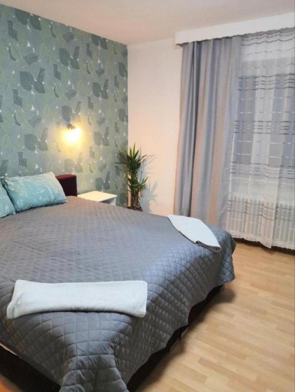 a bedroom with a large bed and a window at Ferienwohnung am Bahnhof Schwerte mit Balkon in Schwerte