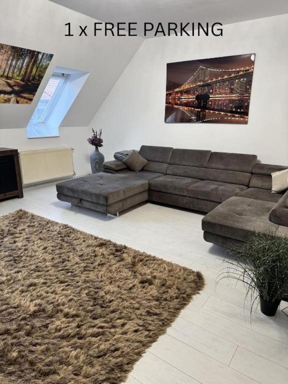a living room with a couch and a rug at Central Vibe Apartman in Kecskemét