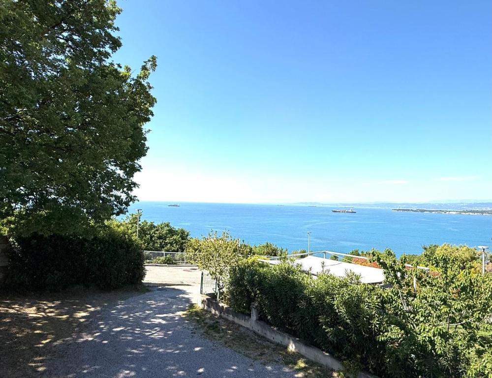 a road leading to a beach with a boat on the water at Studio Vesna & Žan in Koper