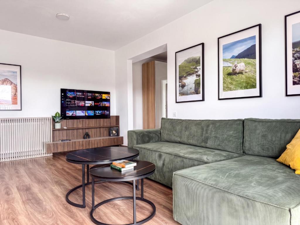 a living room with a green couch and a tv at Modern Spacious Mountain View Apt in Braşov