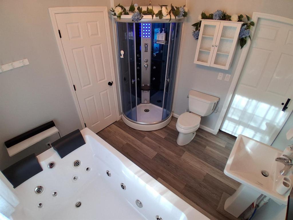 a bathroom with a tub and a shower and a toilet at By Summersville Lake 3BR Jetted Tub Sauna in Craigsville