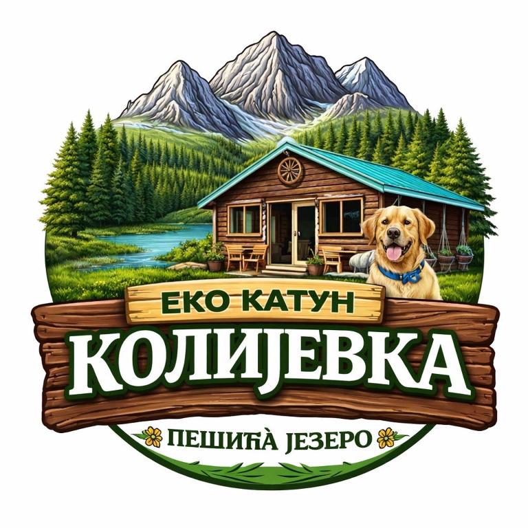 a sign with a dog in front of a log cabin at Eko Katun Kolijevka in Berane