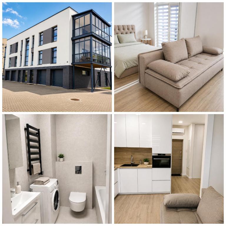 a collage of photos of a living room and a house at Apartment Ainiai in Panevėžys