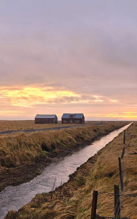 a house in the middle of a field next to a river at The Forgotten Farmhouse in Skogar