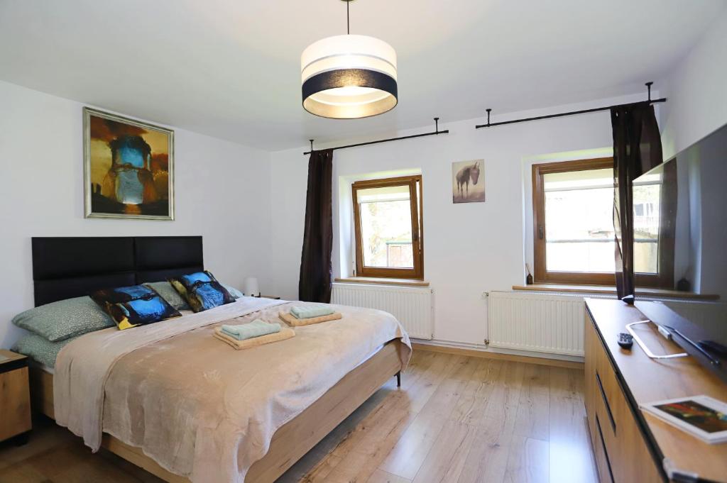 a bedroom with a bed and a desk and windows at Apartament pod Osówką in Głuszyca