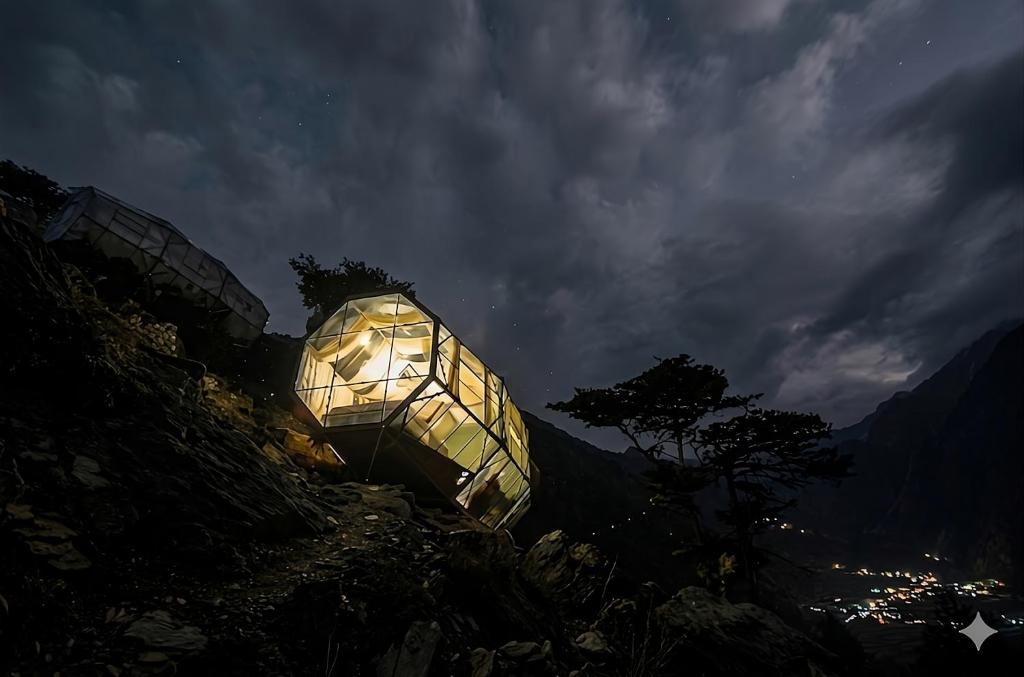 a lit up object on a hill at night at Hanging Nest Salkantay in Colcapampa