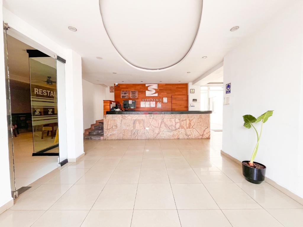 a lobby of a hotel with a potted plant at Hotel Soberanis in Cancún