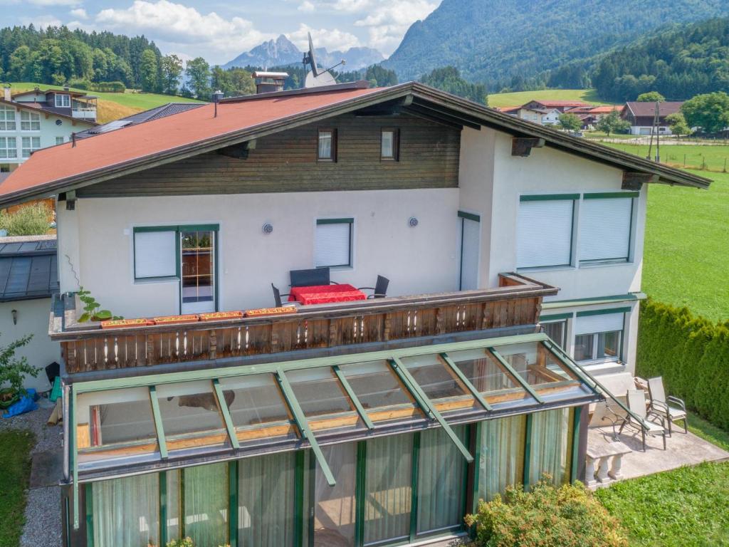 an aerial view of a house with a large deck at Haus am Bad in Bad Häring