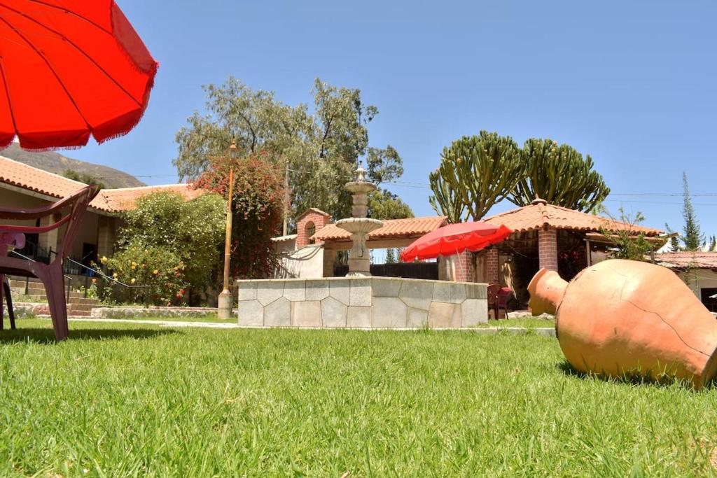 a house with a largelatable pig in the grass at Los Portales de Yungar Ecolodge Huaraz in Carhuaz