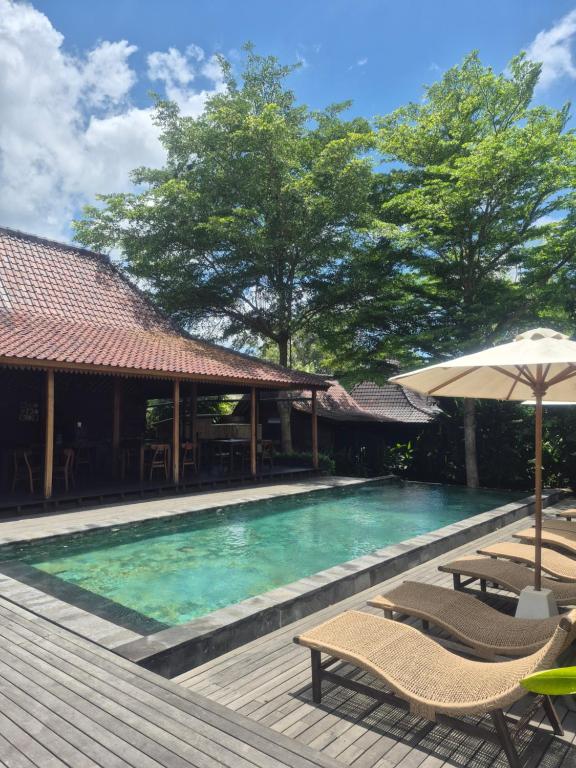 a swimming pool with two chairs and an umbrella at Kayu Village in Canggu
