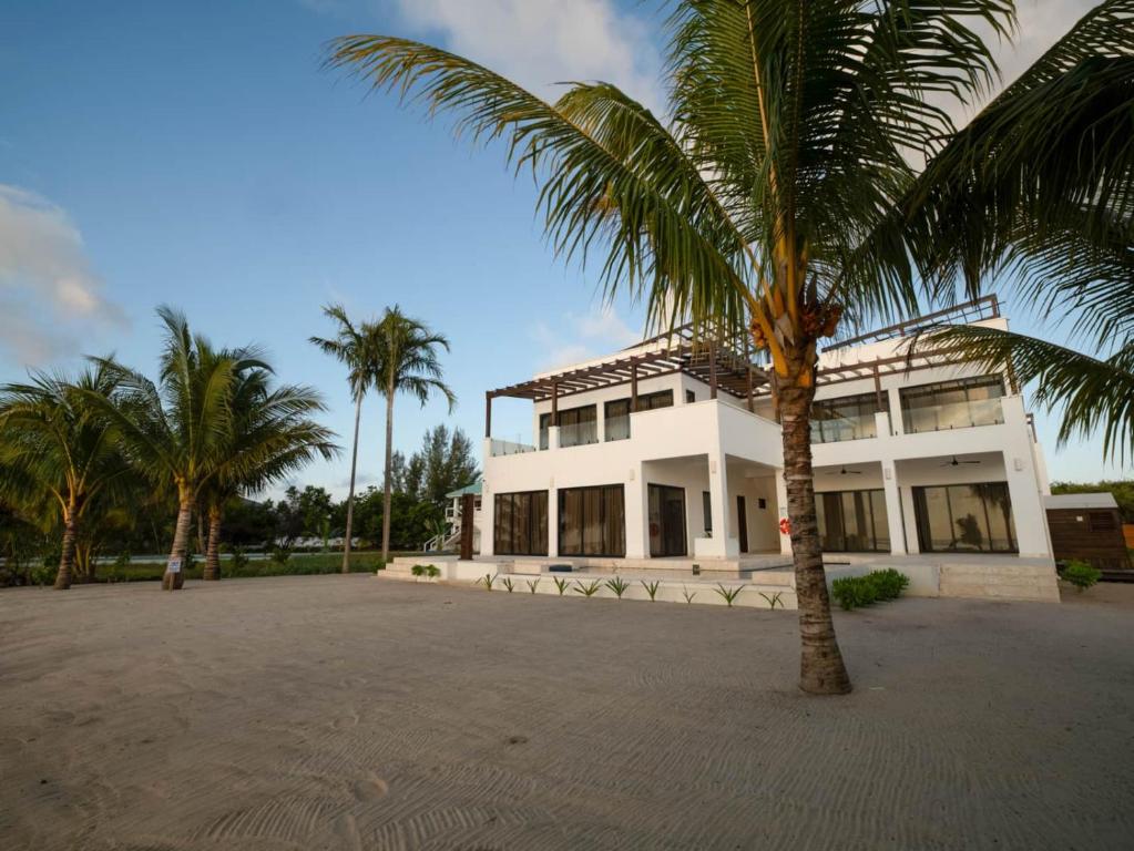 a white building with palm trees in front of it at Casa Sur – Oceanfront Villa in Placencia