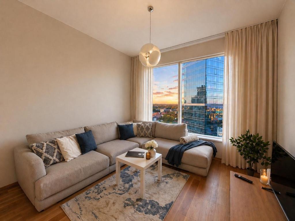 a living room with a couch and a large window at 13th Floor Cityview Luxury in Tallinn