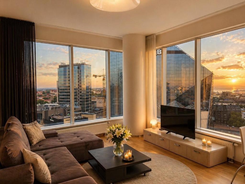 a living room with a couch and a large window at Panoramic Sea View -13th Floor in Tallinn