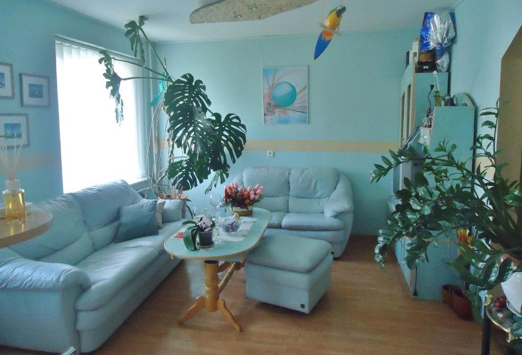 Puikus apartamentai في أليتس: غرفة معيشة مع أريكة وطاولة