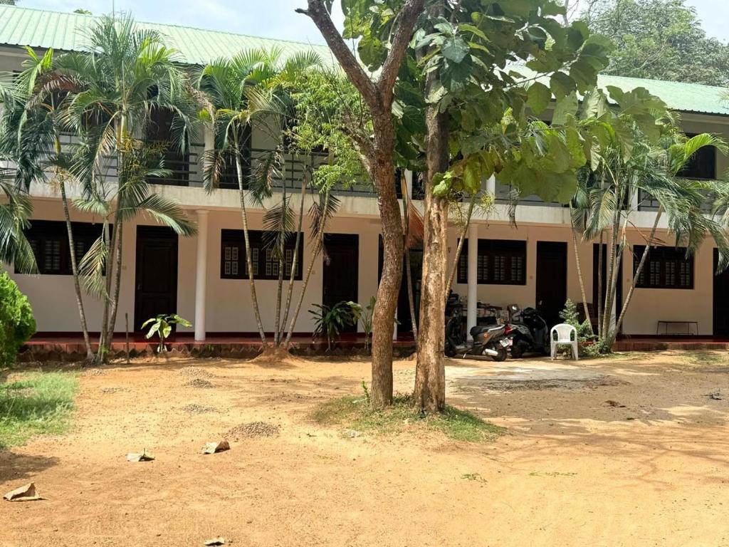 a building with a palm tree in front of it at Hasthi Resort in Polonnaruwa