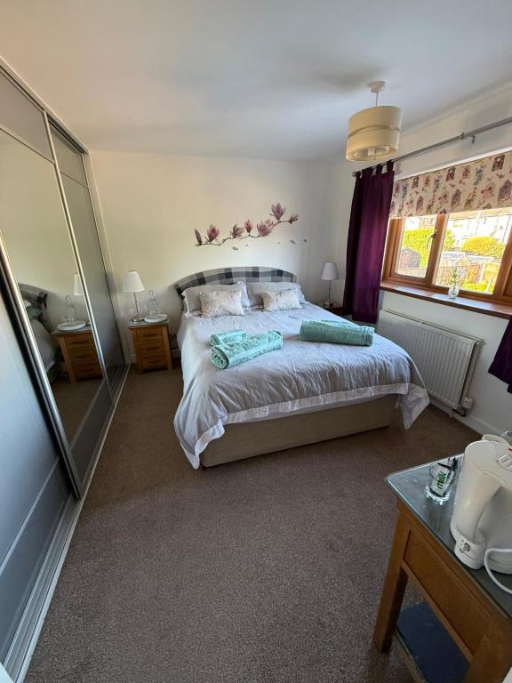 a bedroom with a large bed and a mirror at 16 Bentley Road - Uttoxeter, Comfortable accommodations, SHARED SHOWER ROOM, NO BREAKFAST in Uttoxeter