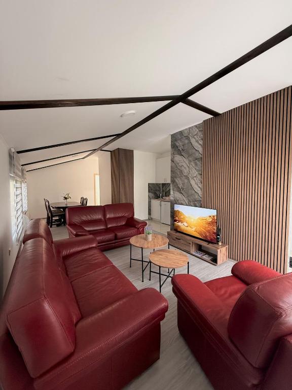a living room with red leather furniture and a flat screen tv at AZA holiday in Kotor