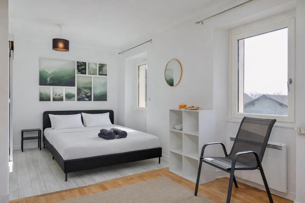a white bedroom with a bed and a chair at COLIVING - bedroom - TV- Private Bathroom in Saint-Jean-de-Gonville