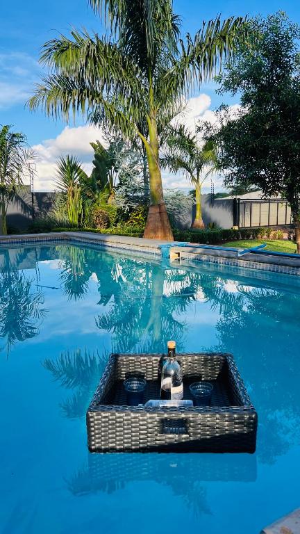 a swimming pool with blue water and palm trees at Maison De luxe in Thohoyandou