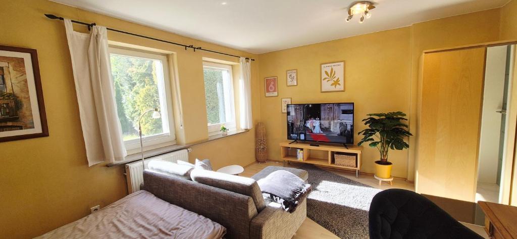 ein Wohnzimmer mit Sofa und Fernseher in der Unterkunft FERINO - zentral & ruhig - Glasfaser WLAN & LAN - privater Parkplatz in Gütersloh