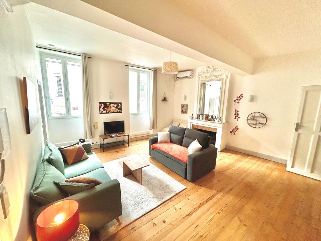 a living room with two couches and a tv at Louisa - Spacieux en Plein centre - Places gratuites - 1er étage in Auch