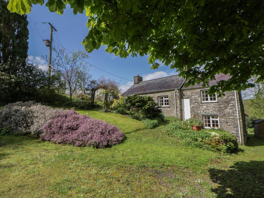 an old stone house with a garden in the foreground at Tyn Y Fron in Llanrhystyd