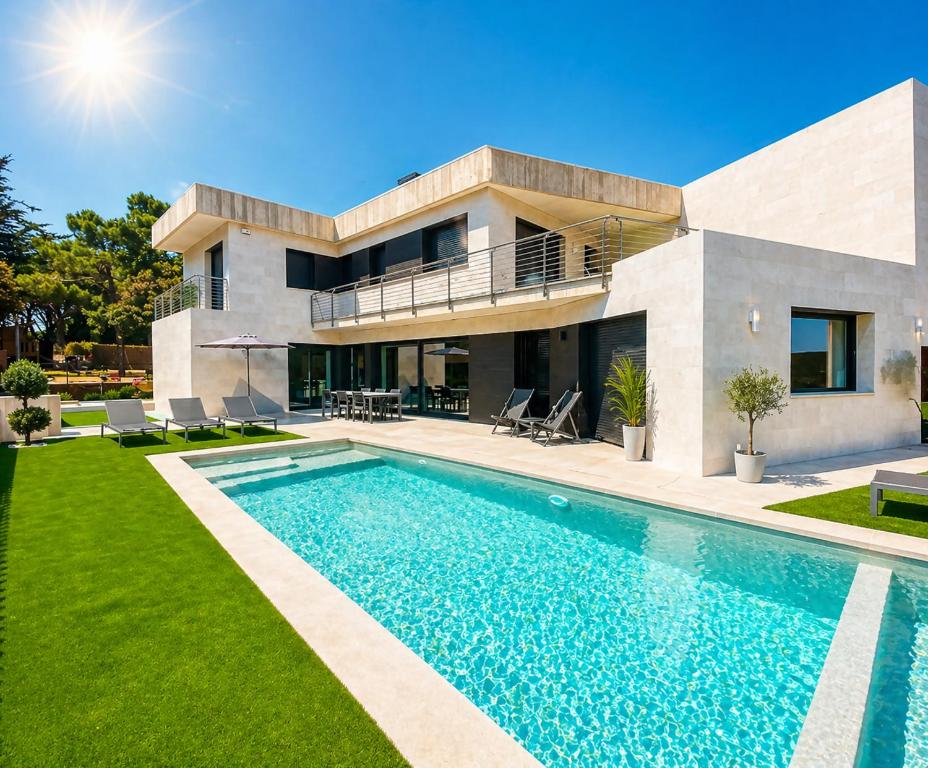 a house with a swimming pool in front of it at Naramia Sagaro Villa - with Pool-garden-10 Pax in S'agaro
