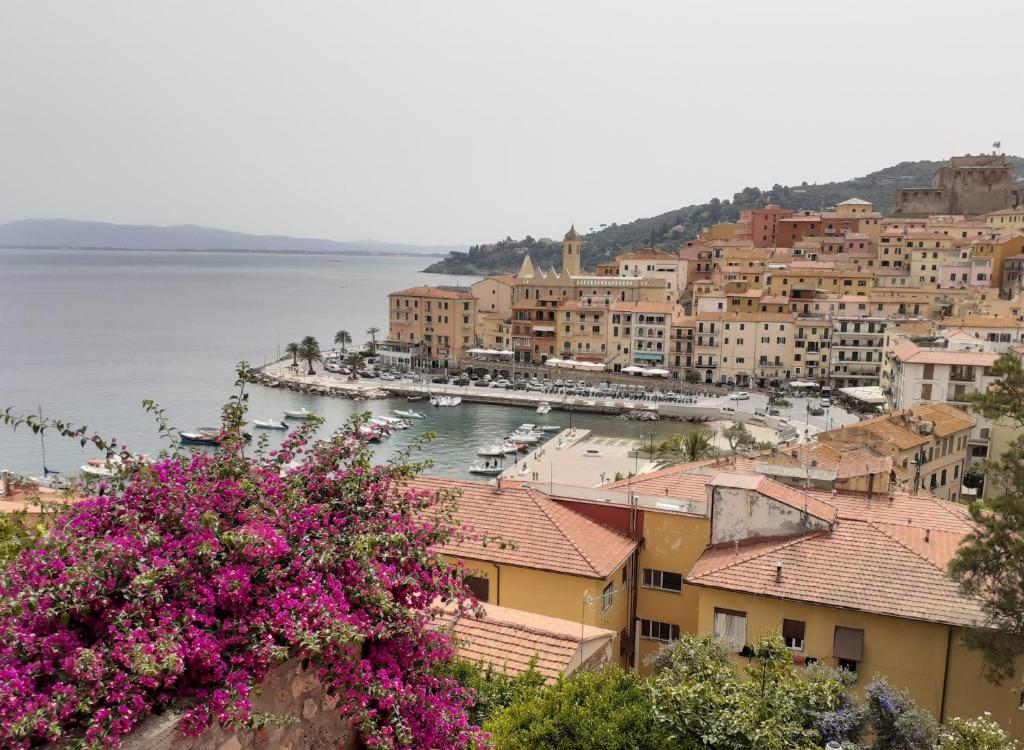 a view of a town with pink flowers at Pilarella Gallery trilocale vistamare in Porto Santo Stefano