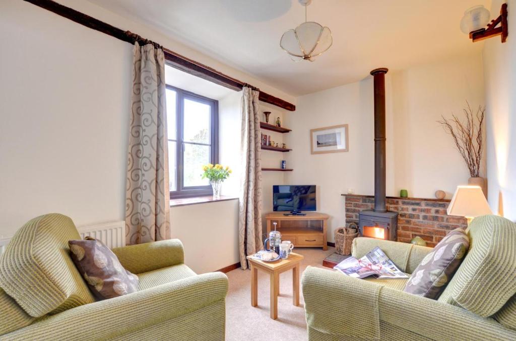 a living room with two couches and a fireplace at 1 Bed in Carmel oc-wai213 in Llanerchymedd