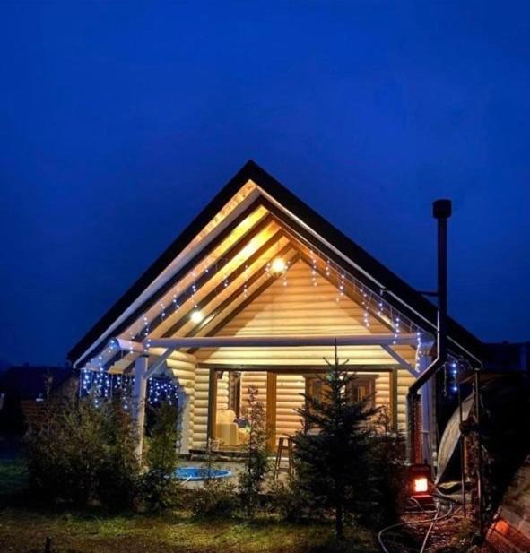 a house with lights on the side of it at night at Verdant House in Mykulychyn