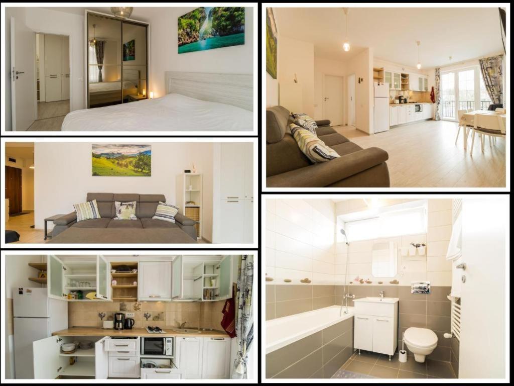 a collage of four pictures of a bedroom and a living room at Modern Studio near Old Town in Braşov