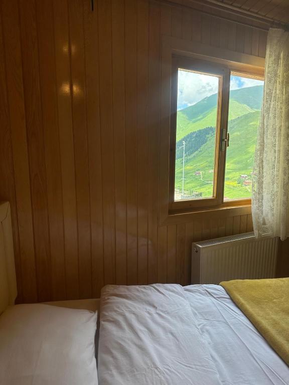a bedroom with a bed and a window at Gosti Home Demirkapi in Çaykara