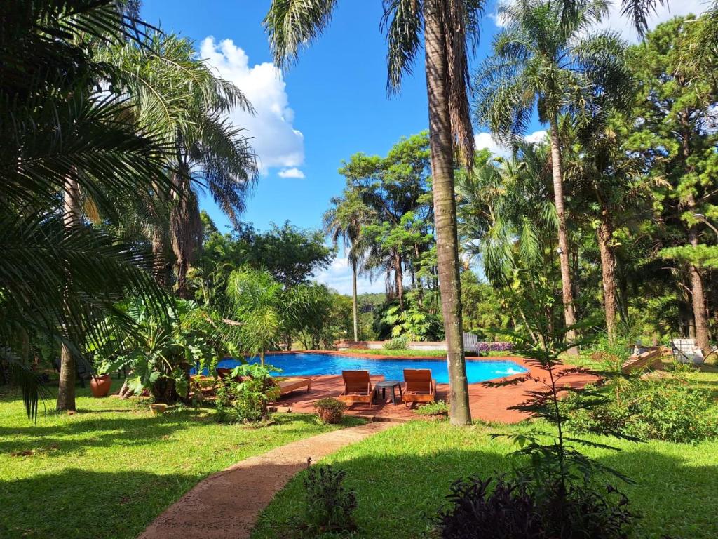 a resort pool with chairs and palm trees at Hotel & Restaurant Las Brisas in Puerto Esperanza