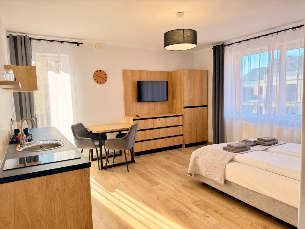 a hotel room with a bed and a sink and a kitchen at Apartamenty Flauta - Cisza i Spokój, Parking, WiFi, Balkon, Aneks kuchenny in Jastrzębia Góra