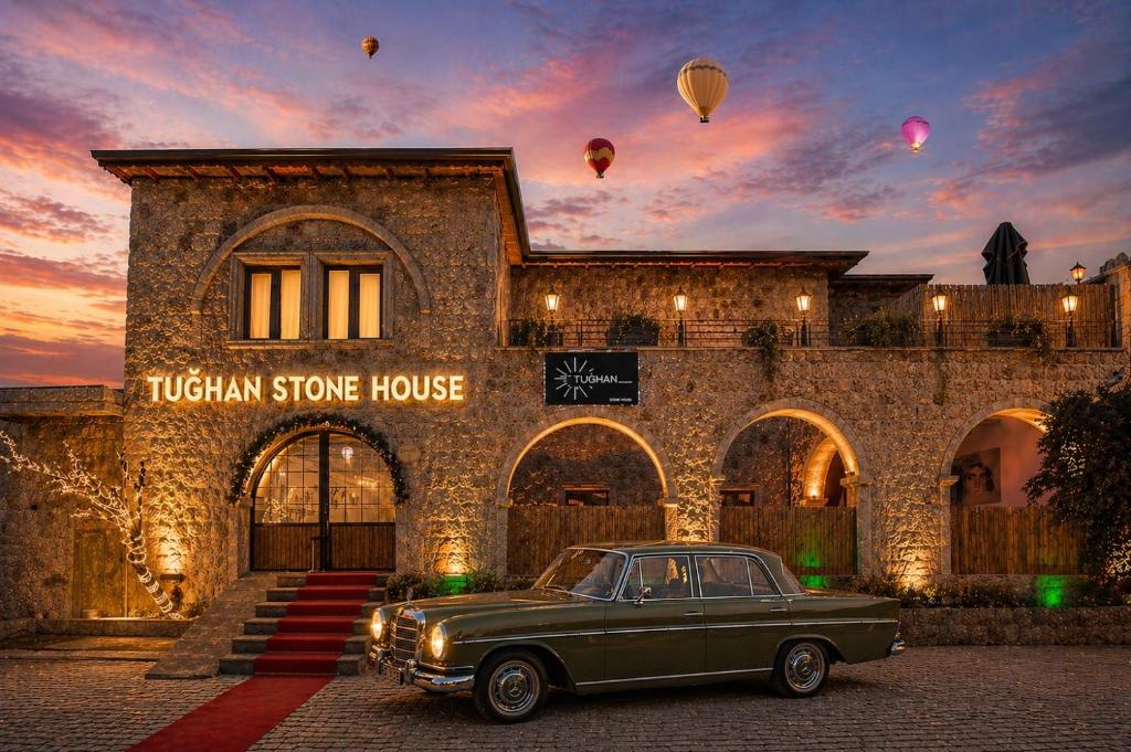 a green car parked in front of a stone house at Cappadocia Tughan Stone House in Uçhisar