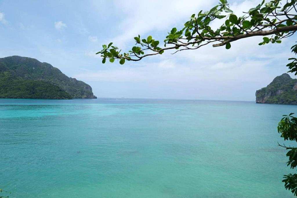 a view of the ocean with mountains in the background at Phi Phi Oceanview Hill Bungalows in Phi Phi Islands