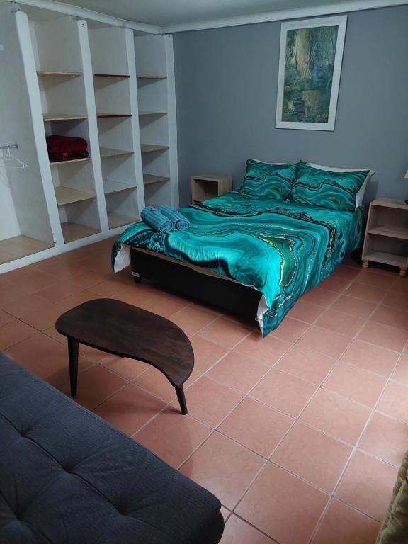 a bedroom with a bed and a chair and shelves at Cozy Corner Serenity Suite in Bredasdorp