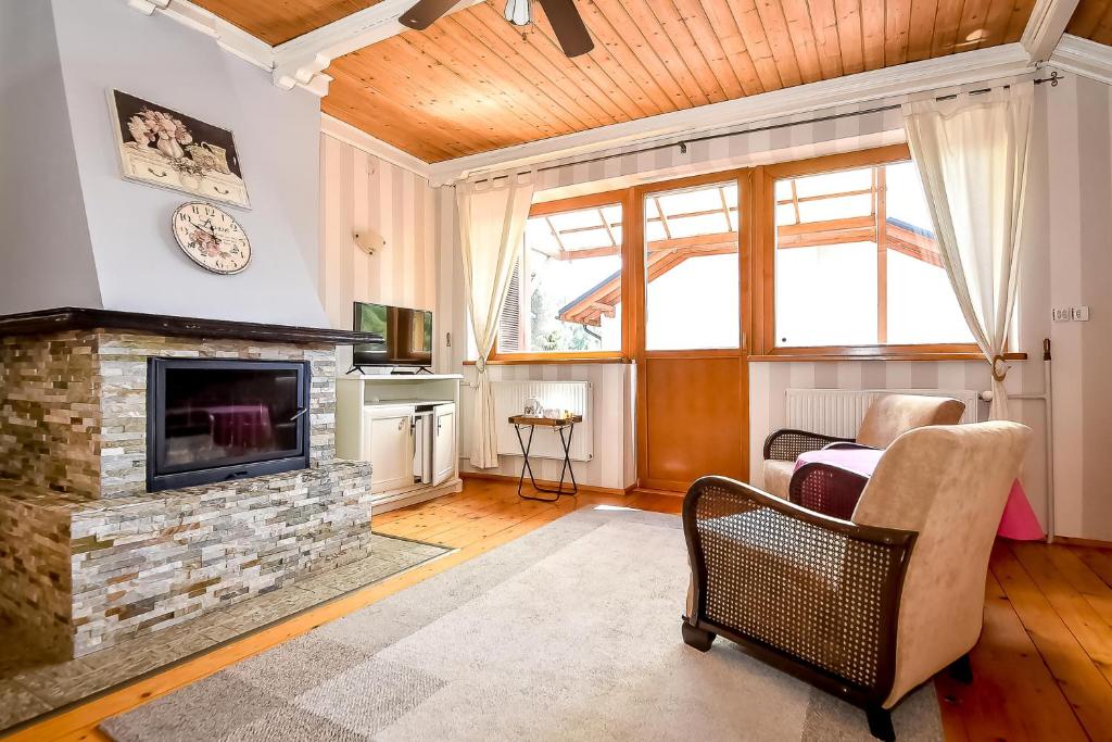 a living room with a stone fireplace and a chair at Villa Cynamon Jacuzzi & Sauna in Wisła