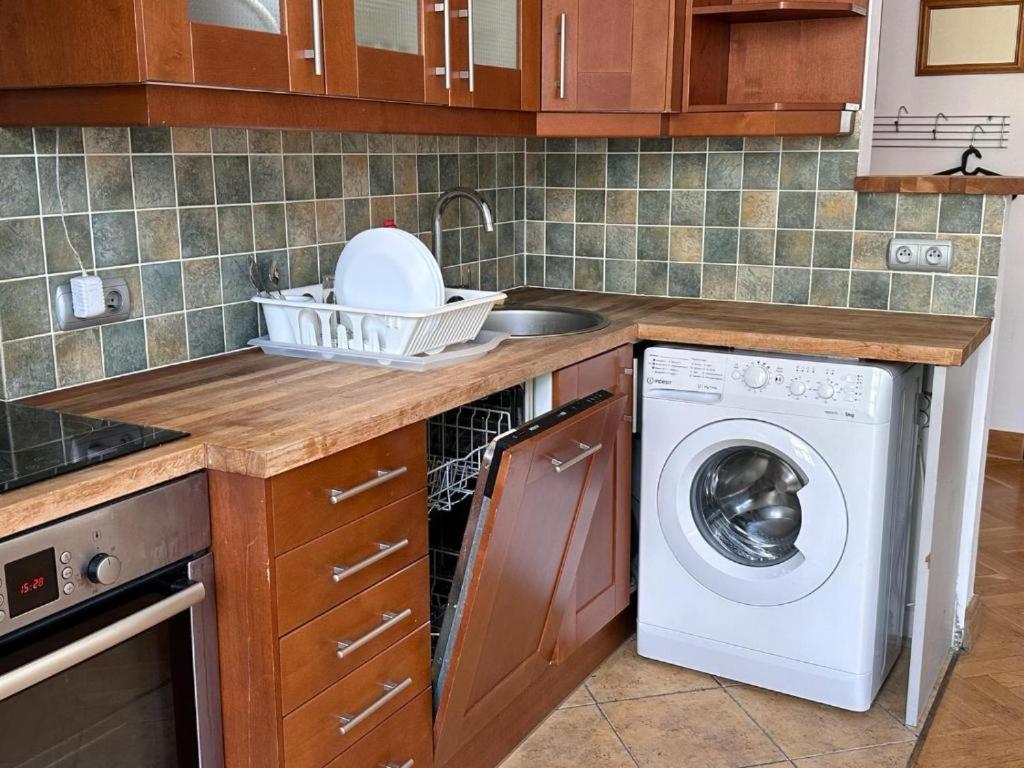 a kitchen with a washing machine and a sink at Wrocławska Rooms in Poznań