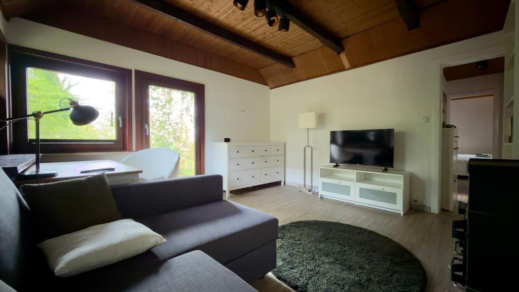 a living room with a couch and a tv at Kleine Auszeit Buchholz in Buchholz in der Nordheide
